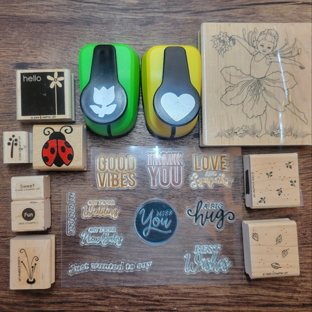 Stamp Bundle! 9 Rubber Stamps 10 Clear Stamps 2 Paper Punches